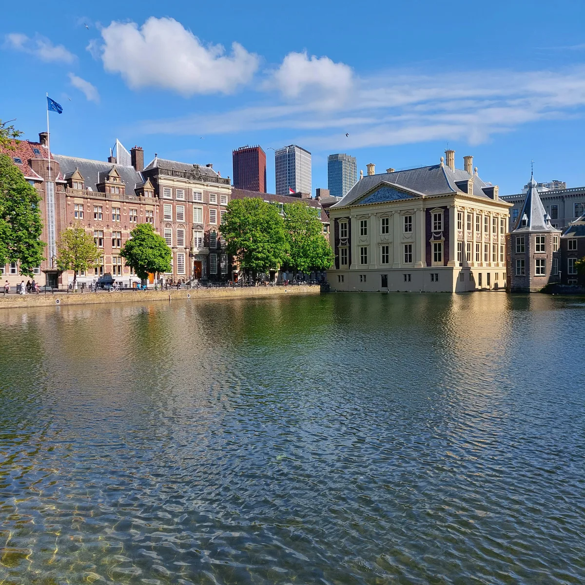 Hofvijver met het Mauritshuis en historische gebouwen in het centrum van Den Haag.