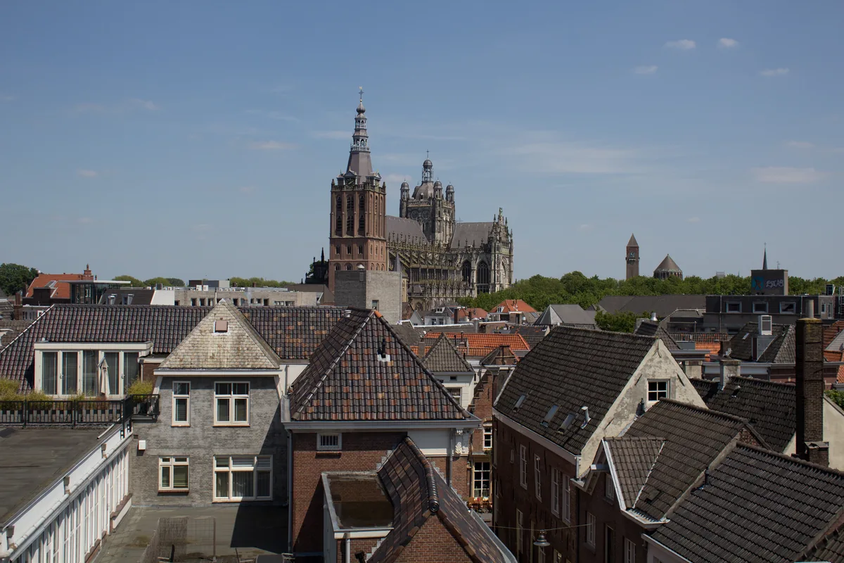 Sint-Janskathedraal boven de daken van de binnenstad van 's-Hertogenbosch.
